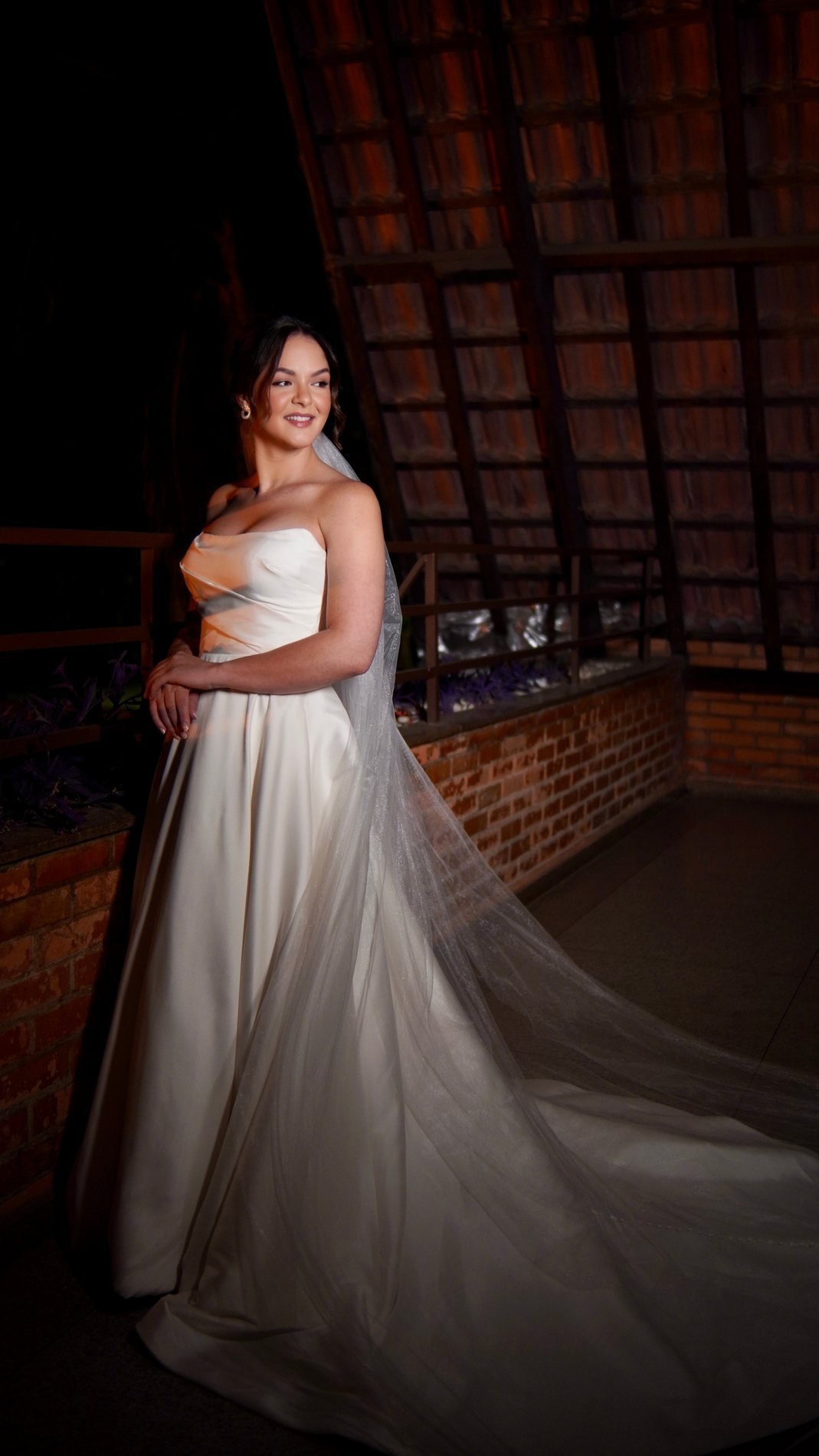 Noiva em vestido longo em ambiente clássico